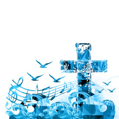 Christian cross isolated with musical notes, waves and seagulls vector illustration. Religion themed background. Design for gospel church music, choir singing, concert, festival, Christianity, prayer - obrazy, fototapety, plakaty