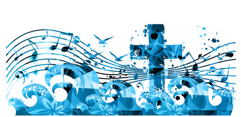 Christian cross isolated with musical notes, waves and seagulls vector illustration. Religion themed background. Design for gospel church music, choir singing, concert, festival, Christianity, prayer - 483608385
