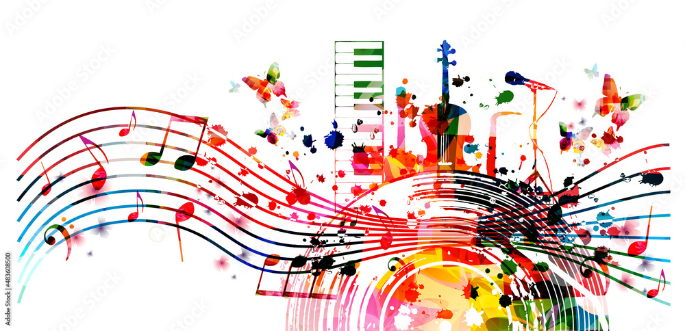 Wall mural Colorful music promotional poster with musical instruments and notes isolated vector illustration. Artistic  background for live concert events, music festivals and shows, party flyer with LP record