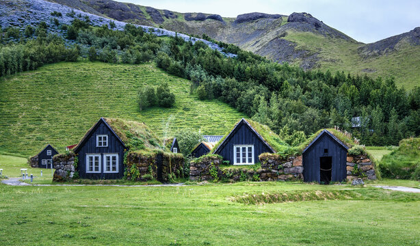 Popular Skogar village with Traditional old houses with grass on roof in Iceland. Best famouse travel area. Scenic Image of Iceland. Iceland is one most popular country for landscape photographers.
