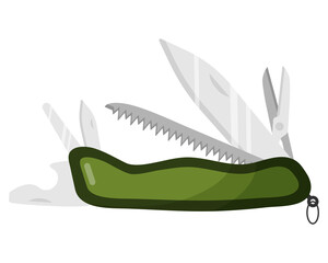 Army green multi knife with scissors, saw, corkscrew, etc. Touristic equipment for camping and tourism. Military concept
