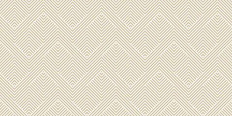 Golden geometric lines seamless pattern. Simple vector texture with diagonal stripes, lines, chevron, zigzag. Abstract gold and white linear graphic background. Luxury modern ornament. Trendy design