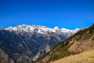 Fototapeta premium Himalaya mountains in Nepal. Tamang Heritage Trail and Langtang trek day 3 from Tatopani to Nagthali