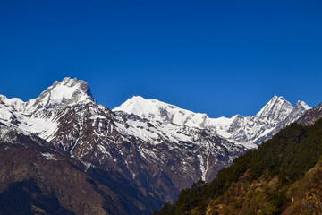 Fototapeta na wymiar Himalaya mountains in Nepal. Tamang Heritage Trail and Langtang trek day 3 from Tatopani to Nagthali