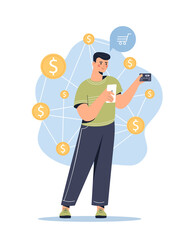 Mobile banking concept. Man pays for purchases in online store. Card and noncash transfers. Globalization and modern technologies. Young guy in internet shop or store. Cartoon flat vector illustration