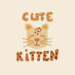 Printable lettering cute kitten with an animal. Baby shower theme, gender party concept. Ready for t-shirts, invitations, scrapbooking, bodysuits, rompers. Vector illustration