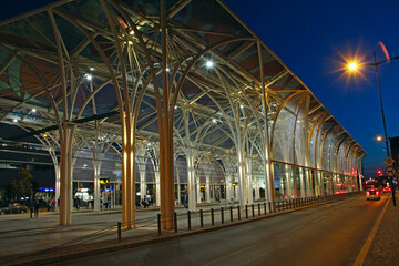 Tram depot illuminated in the evening in the city of Lodz