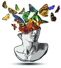 Vector hand drawn illustration of classical sculpture fragment of colossal head with colorful butterflies flying from the broken side. Isolated on white background. 