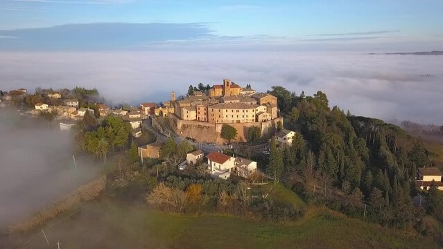 Italy January 2022: aerial view of the medieval village of Piticchio Arcevia in the province of Ancona in the Marche region