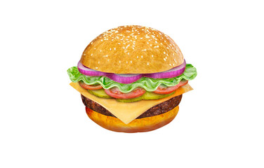 Vector drawing of a hamburger with cheese, tomatoes, chop, lettuce, onion, cucumber. Illustration for fast food menu design. Isolated hamburger icons