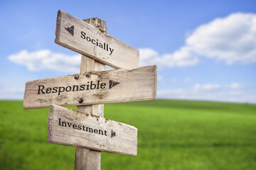 socially responsible invesment text quote on wooden signpost outdoors on green field.
