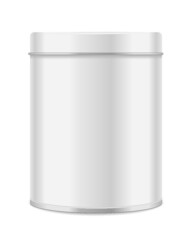 Round white glossy tin can with lid isolated on a black background