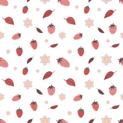 Strawberries with pink and red leaves and white flowers seamless pattern