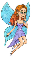 A red haired little fairy in an evening dress with blue transparent wings.