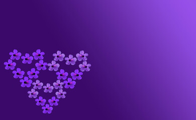 Heart made of purple flowers on gradient background 