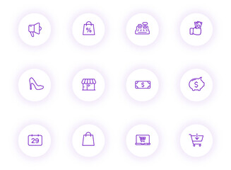 black friday purple color outline vector icons on light round buttons with purple shadow. black friday icon set for web, mobile apps, ui design and print