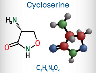 Cycloserine molecule. It is broad-spectrum antibiotic used in the treatment of tuberculosis and certain urinary tract infections (UTI). Structural chemical formula, molecule model.