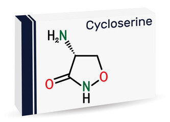 Cycloserine molecule. It is broad-spectrum antibiotic used in the treatment of tuberculosis and certain urinary tract infections (UTI). Skeletal chemical formula. Paper packaging for drugs.