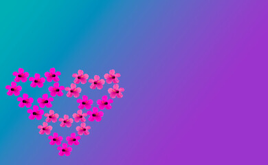 Gradient background with heart made of purple flowers, greeting card, 