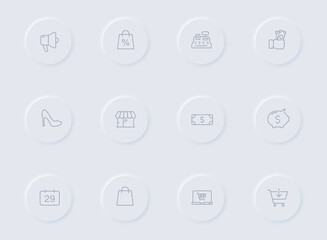 black friday gray vector icons on round rubber buttons. black friday icon set for web, mobile apps, ui design and promo business polygraphy