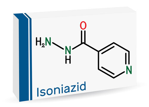Isoniazid, isonicotinic acid hydrazide, INH molecule. It is antibiotic, used to treat mycobacterial infections, primarily tuberculosis. Skeletal chemical formula. Paper packaging for drugs