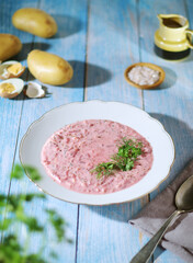 A plate with cold beetroot soup - national dish of Baltic region	