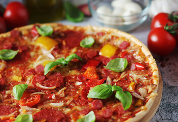 Pizza with salami and basil	