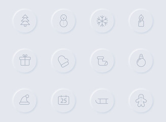 Fototapeta premium christmas gray vector icons on round rubber buttons. christmas icon set for web, mobile apps, ui design and promo business polygraphy
