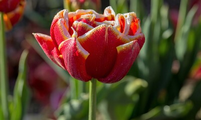 red tulip on a green background