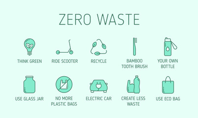 zero waste outline filled vector icons isolated on white background. zero waste green color icons with letterings for web and ui design, mobile apps, print polygraphy and promo advertising business