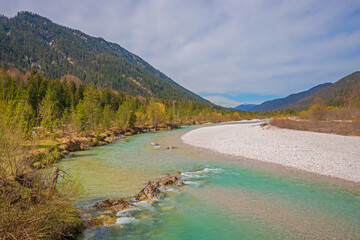 turquoise river Obere Isar, riparian zone with banks, upper bavaria