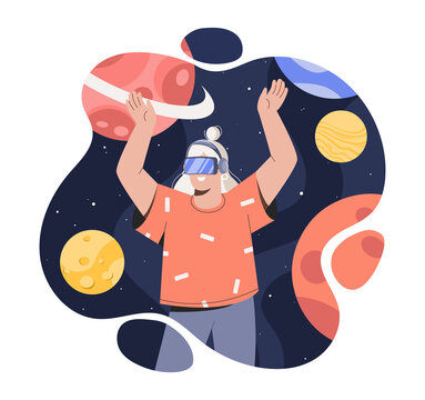 Virtual reality glasses. Girl sees herself in galaxy, in starry sky. Character on another planet in sollar system. Modern technologies, nextgen devices, vr glasses.