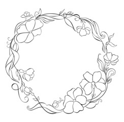 Framing, wreath with floral motifs in vector. Outline drawing. Cute frame for wedding invitation.