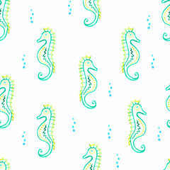 Seamless pattern with 
hand drawing seahorse on white,
watercolor