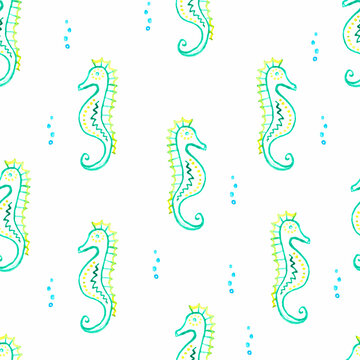 Seamless pattern with 
hand drawing seahorse on white,
watercolor