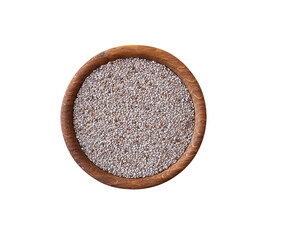 Chia seeds in a wooden bowl isolated on white with clipping path. Bowl of chia seeds isolated on white. White chia superfood. Healthy eating concept.