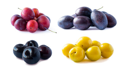 A heap of plums cut out on a white background. Purple, blue, yellow and pink plum. A set of plums of different varieties. Plum of different colors isolated on white background.