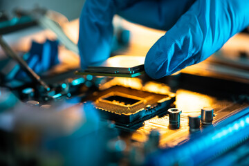 Motherboard Microchip In Hand. Computer Testing