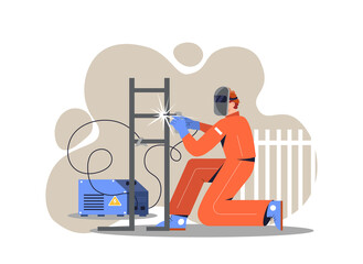 Obraz na płótnie Canvas Welder at work. Man repairs battery, strengthens metal racks. Young guy in work clothes, worker. Repairmen fix problem in home or house. Protective mask and gloves. Cartoon flat vector illustration