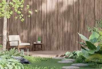 Foto op Canvas Wooden terrace in the tropical garden style 3d render with old plank background © onzon