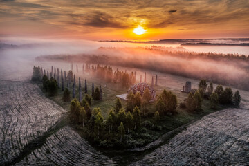 Sunrise view of the art park established in an area close to the city of Kaluga, Russia
