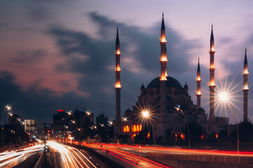 Fototapeta na wymiar Adana Sabanci central mosque at sunset