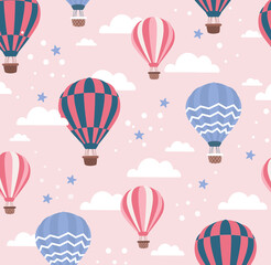 Air balloon seamless pattern. Repeating pattern for printing on bed linen or gift paper. Beautiful image for kids. Dream and fantasie, flight, travel and adventure. Cartoon flat vector illustration