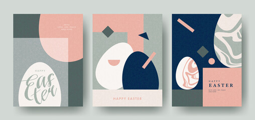 Happy Easter set of cards, posters or covers in modern art style with geometric shapes and eggs. Trendy minimalistic elegant templates for advertising, branding, congratulations or invitations