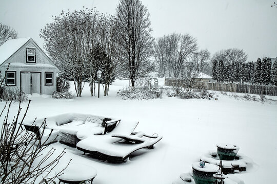Backyard view from home on a cold winter snowy day.  Garden and birdhouse within view. 