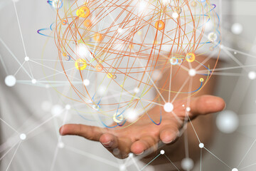 abstract lines with dots over dark background.