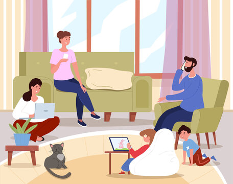 Internet Addiction concept. Family sits in same room with different devices. Mom with laptop, dad with phone. Digital world and modern technologies and problems. Cartoon flat vector illustration
