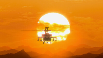 Helicopter flying over the mountains at sunset, hot weather, heat distortion