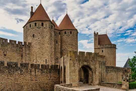 main entrance to the fortified citadel of Carcassonne in France (La Cit&eacute; In French).
