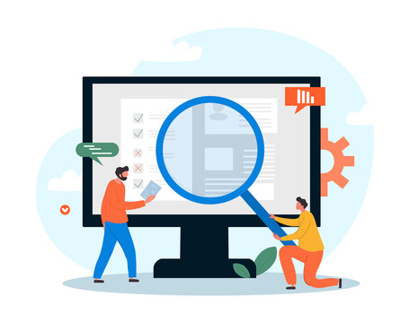 Office workers with monitor. Men with magnifying glass examine monitor. People working on improving design. Graphic elements for site. SEO specialists or programmers. Cartoon flat vector illustration